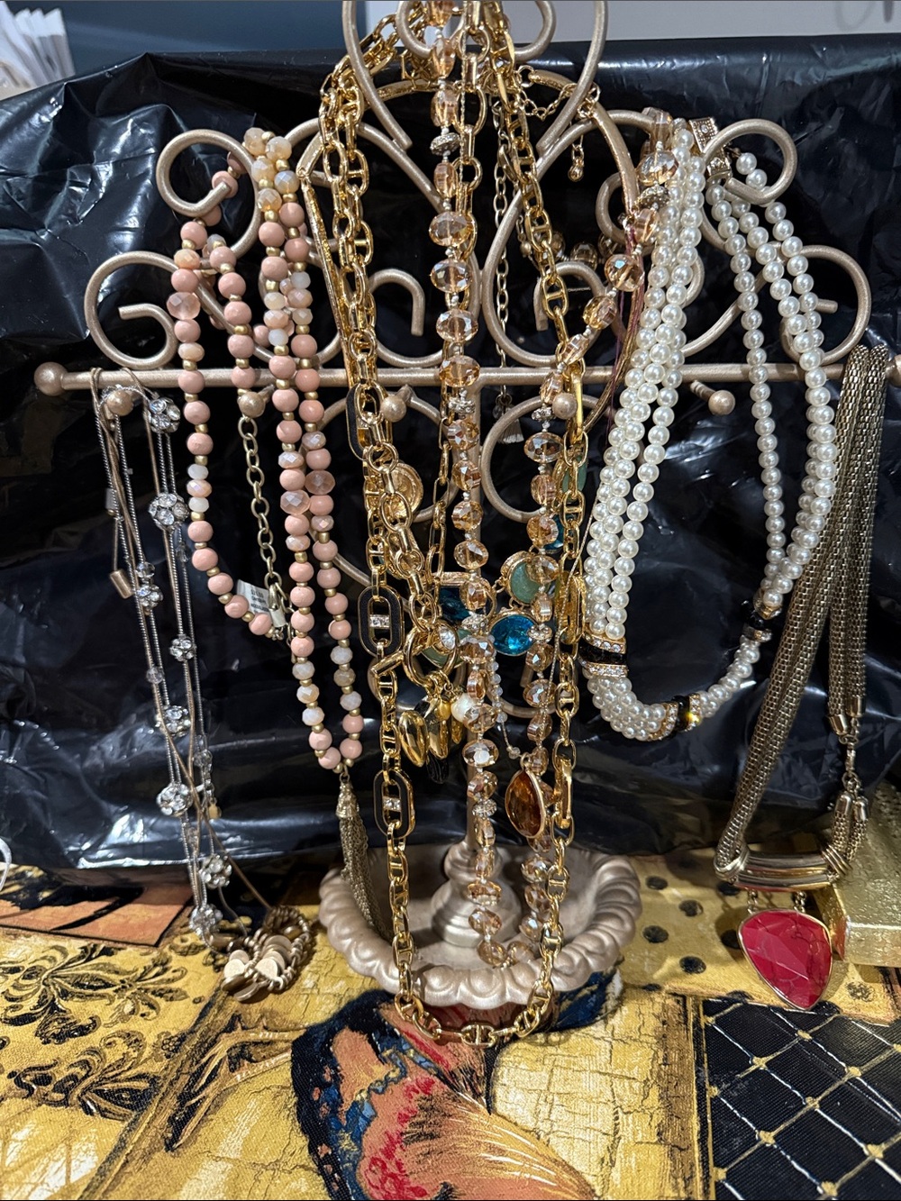 Ann Taylor Gold-Tone Layered Necklace with Pink Beads and Pearls